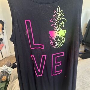 Black Sleeveless Top with Pink and Green Love Pineapple Design